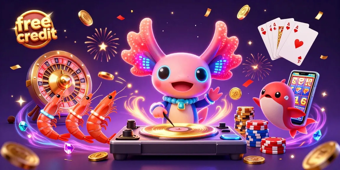 Spin for free credit at an energetic casino scene with vibrant characters and dynamic elements.