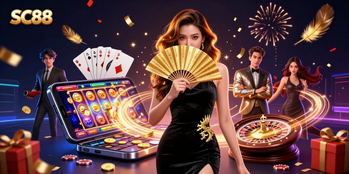 Experience excitement at SC88 with a photorealistic illustration showcasing a stunning casino scene filled with vibrant game elements.