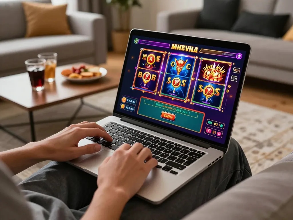 Player engaging with nhà cái sc88 through an interactive online casino app showcasing vibrant games in a cozy home setting.