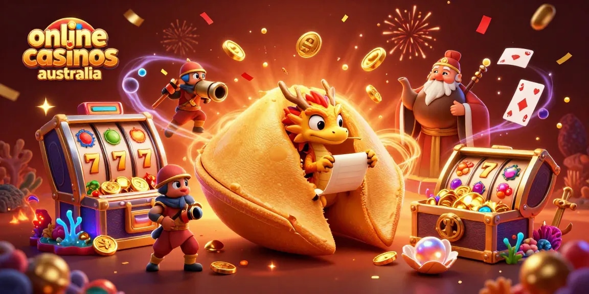 Experience online casinos Australia in a vibrant 3D scene with festive elements and engaging characters.
