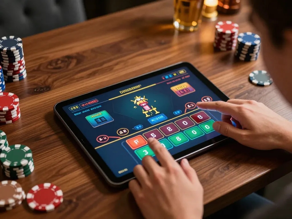 Engaging online blackjack action on S8 com, showcasing strategic gameplay with dramatic tablet lighting.