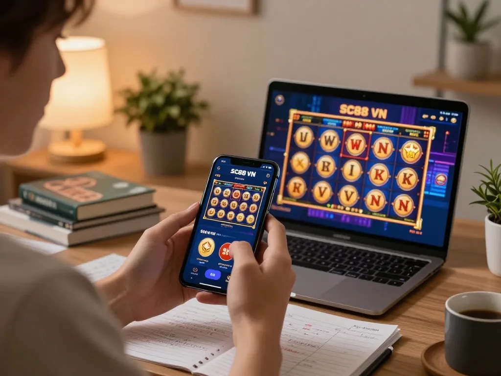 Engaging SC88 VN player enjoying the mobile casino experience from home with a smartphone and gaming strategy notes