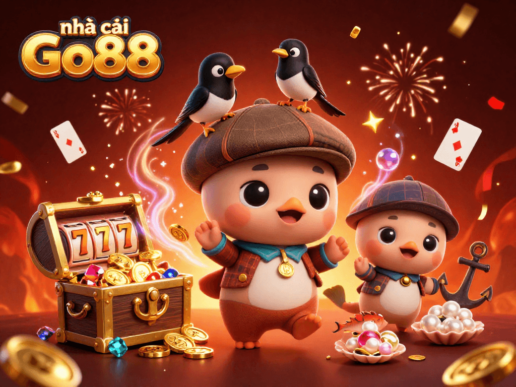 Engage with nhà cái Go88 through a festive underwater casino scene illustrating vibrant characters and slot elements.