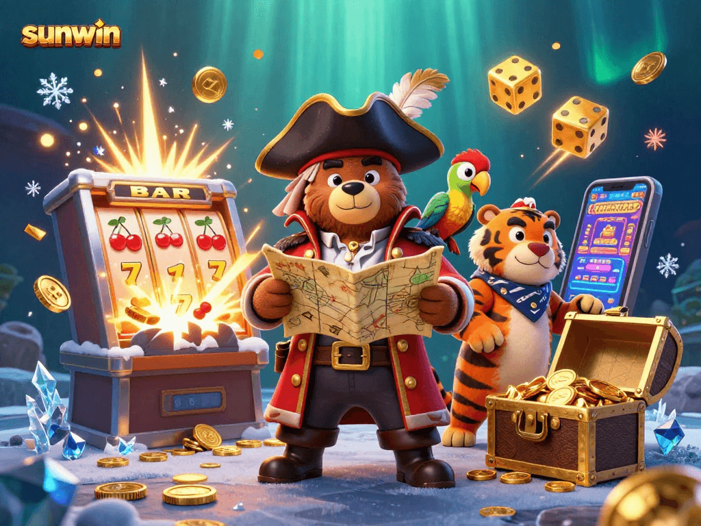 Experience the thrill of sunwin with a 3D cartoon pirate bear and epic casino elements.