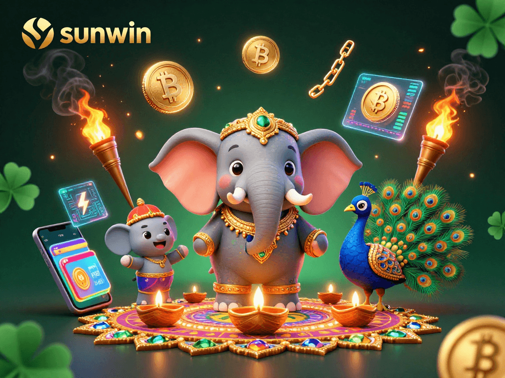 Engage in thrilling gameplay at sunwin with a vibrant 3D casino-themed illustration showcasing dynamic characters and crypto elements.