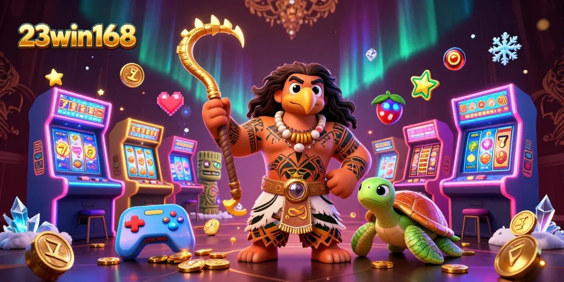 Experience thrilling wins at 23win168 with vibrant casino-themed cartoon art featuring a demigod and arcade games.