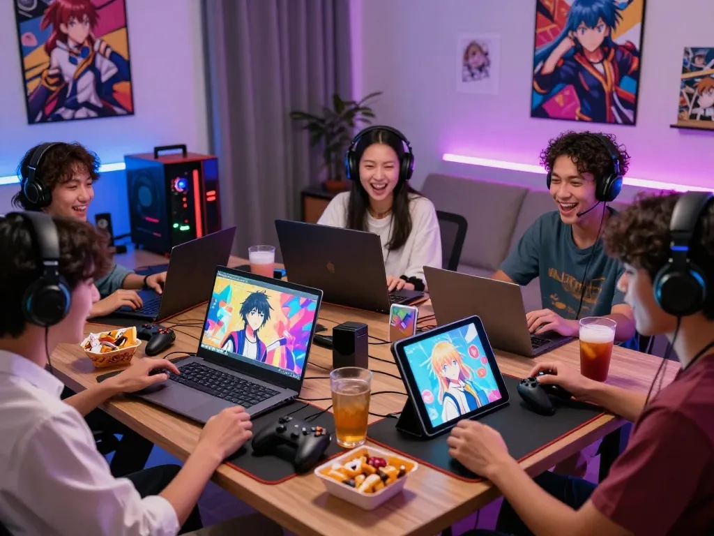 Play porn games with friends in a vibrant gaming room surrounded by exciting adult game visuals.