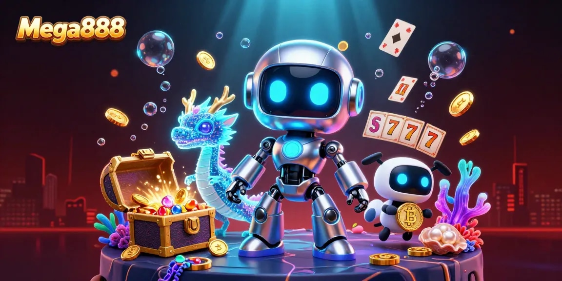 Mega888 menampilkan robot siber, naga holografik, dan drone dengan simbol bitcoin dalam dunia permainan.