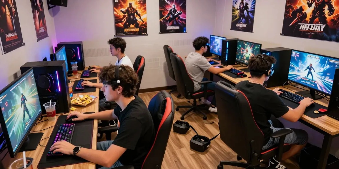 Friends enjoying an adult game in a vibrant gaming lounge with immersive visuals.