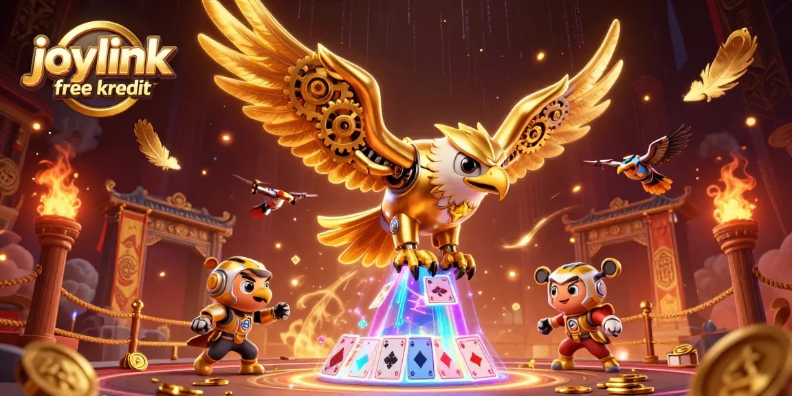 Experience the excitement of joylink free kredit with an ultra-detailed 3D illustration featuring a cybernetic eagle and casino elements.
