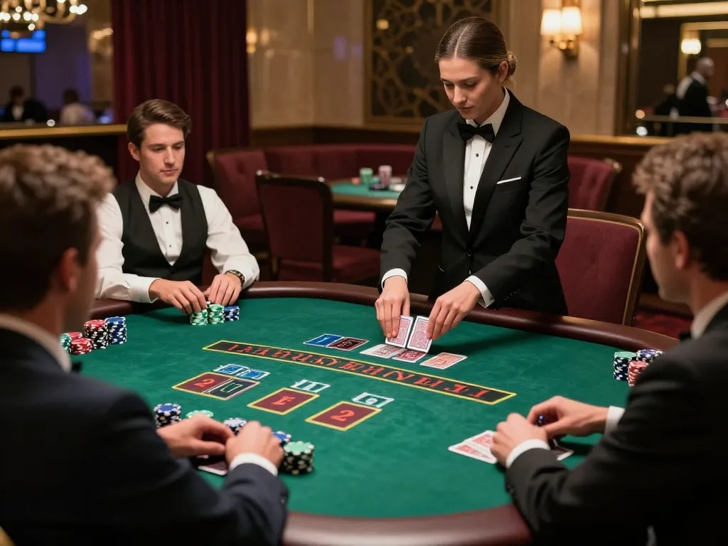 Dynamic blackjack gameplay at LLWIN casino with players and dealer engaged in strategy.