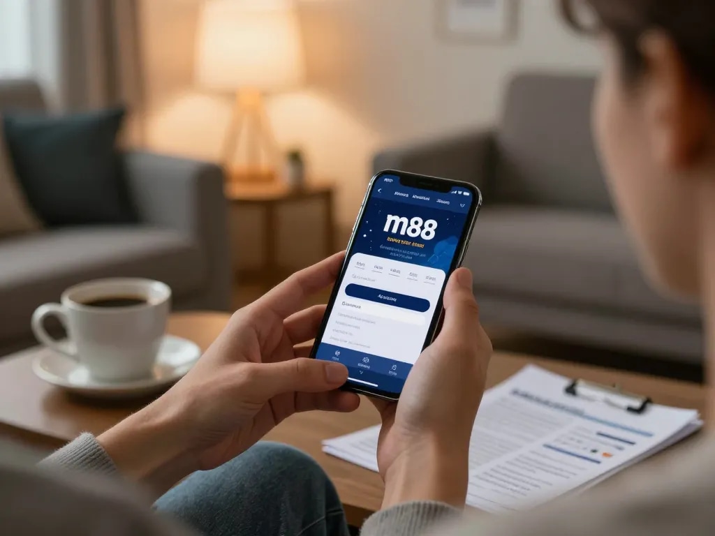 M88 login mobile interface displayed on a smartphone in a cozy home gaming setup.