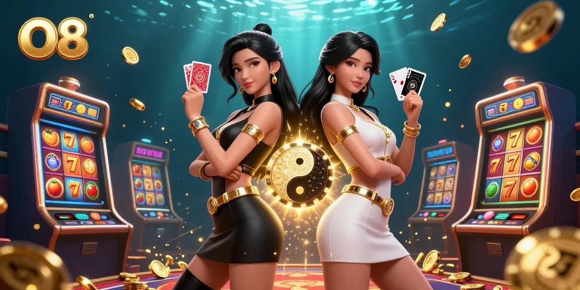 Experience dynamic casino thrills with O8 as two stunning women showcase their cards surrounded by 3D gaming elements.