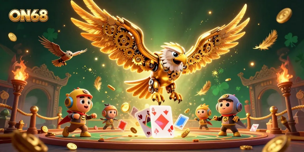 Experience thrilling gameplay with ON68 featuring cybernetic eagle in an exciting casino environment.