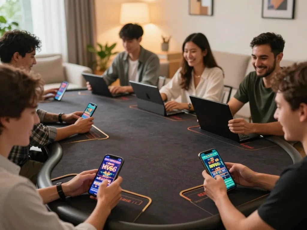 Players enjoying MV66 online casino games on their devices in a cozy home setting.