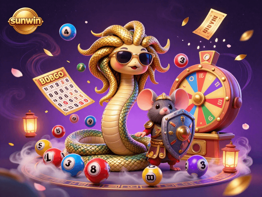 Join the fun with sunwin in this dynamic lottery scene featuring Medusa and a warrior mouse!