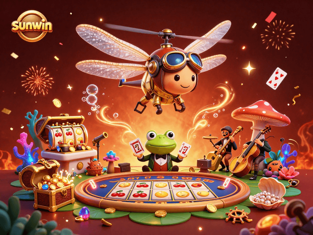 Experience the excitement of sunwin's vibrant casino with a lively scene featuring card games and treasures.
