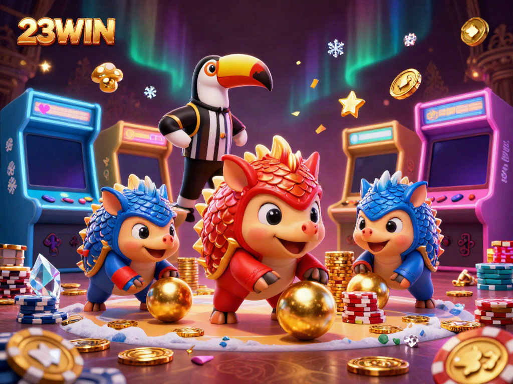 Experience the excitement of 23WIN with rival pangolins rolling golden balls and bowling through poker chips.