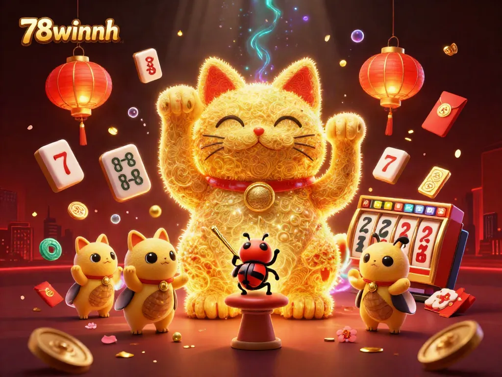 Experience the vibrant world of 78winnh with a playful lucky cat and casino symbols in a dynamic 3D scene.