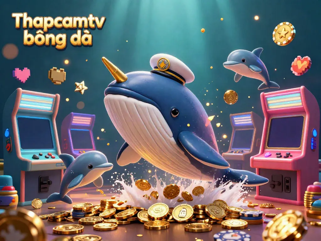 Engage with Thapcamtv bóng đá as a cartoon whale soars through golden coins amidst a vibrant gaming atmosphere.