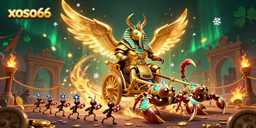Engage with xoso66, experiencing vibrant casino action featuring a colossal golden scarab and rich game elements.