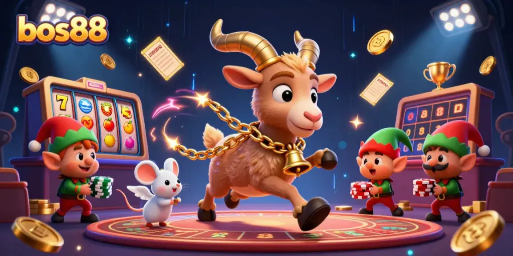 Experience the lively casino atmosphere at bos88 with festive characters engaging in spirited play.