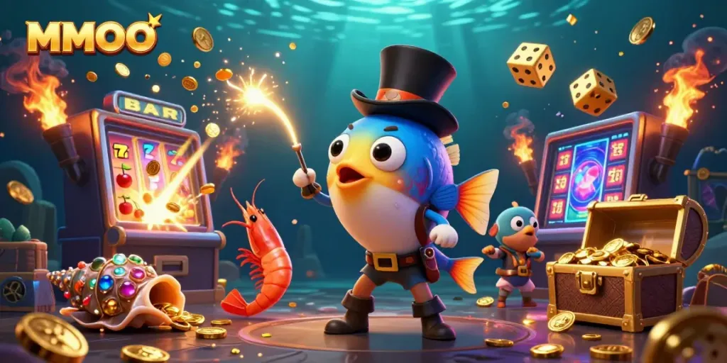Engage with MMOO's thrilling slot experience featuring a vibrant anglerfish, pirate shrimp, and gem snail.