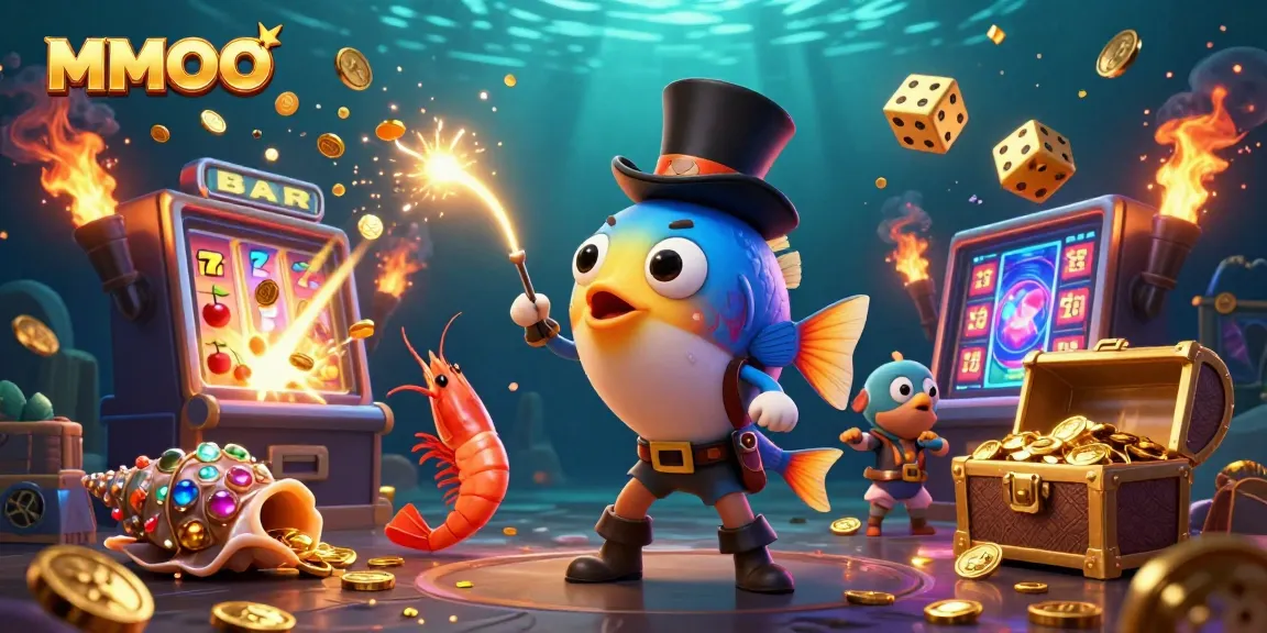 Engage with MMOO's thrilling slot experience featuring a vibrant anglerfish, pirate shrimp, and gem snail.