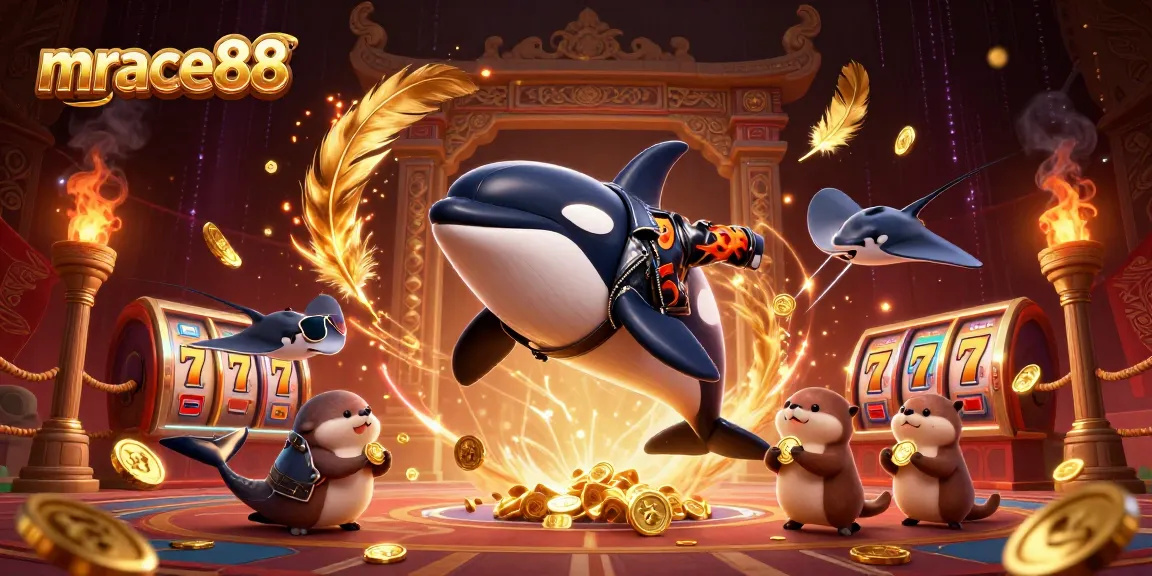 Play slots at mrace88 with vibrant cartoon characters and gold coins in action.