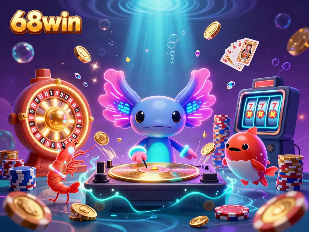 Engage with 68win's vibrant casino atmosphere featuring a dynamic axolotl DJ in a captivating underwater scene.