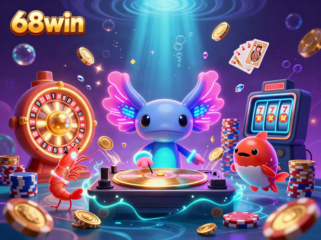 Engage with 68win's vibrant casino atmosphere featuring a dynamic axolotl DJ in a captivating underwater scene.