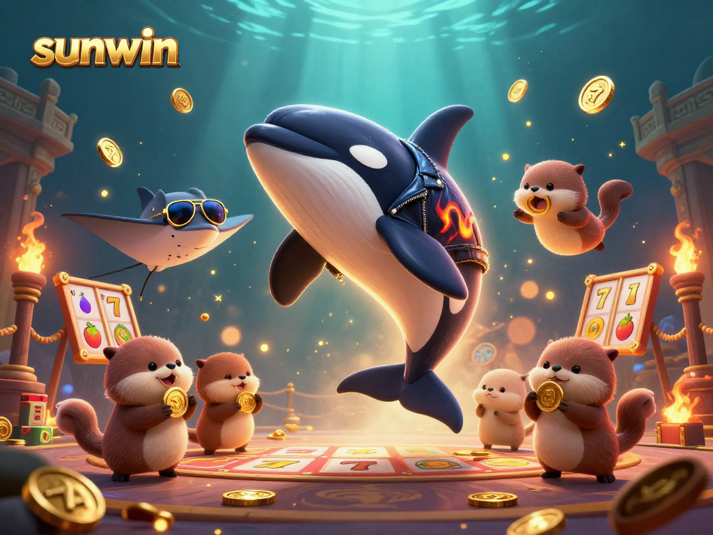 Experience thrilling moments with sunwin as the orca beats the slot reels, with gold coins scattered everywhere.