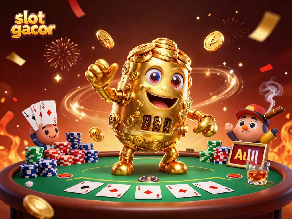 Menggoda kesempatan menang besar dengan slot gacor, simbol mesin slot mengelilingi golem emas yang terbuat dari koin.