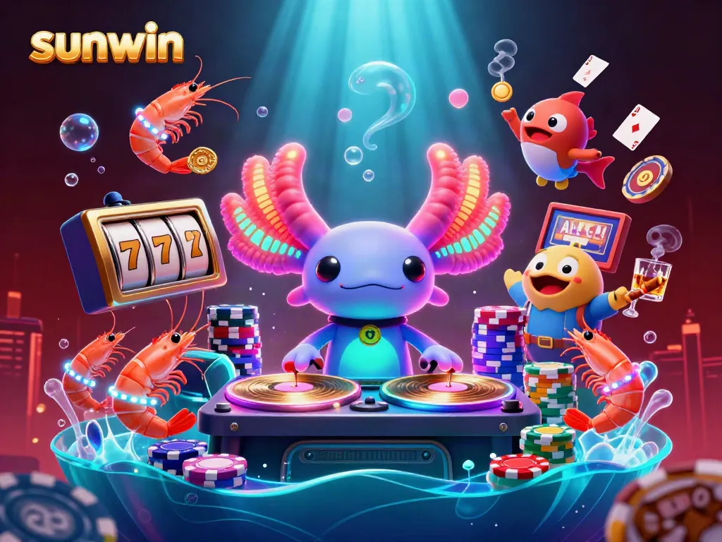 Engaging Sunwin casino scene featuring a vibrant axolotl DJ with colorful gambling elements.