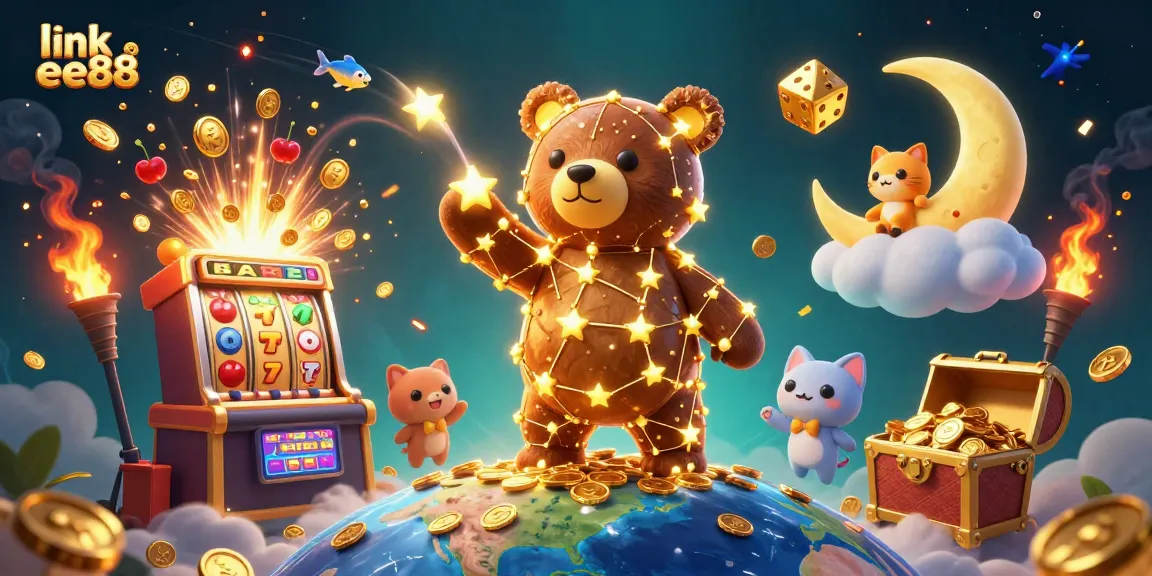 Experience the excitement of link ee88 with a 3D casino illustration showcasing jackpots, stars, and vibrant gaming elements.