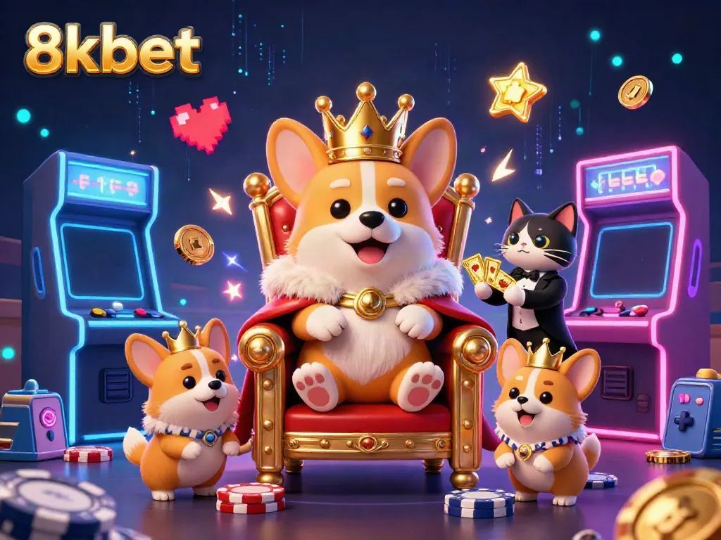 Experience the vibrant world of 8kbet with a royal corgi on a poker chip throne surrounded by colorful gaming elements.