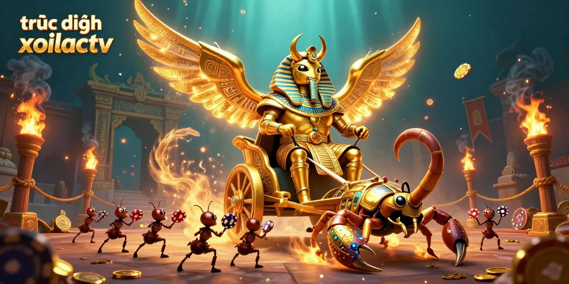 Engage with trực tiếp xoilactv as dazzling golden elements shine through a dynamic casino-themed scene.