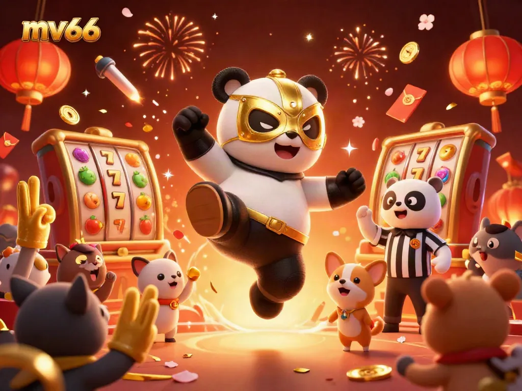Experience winning thrills at mv66 with a lively casino scene featuring animal characters and slot machines.