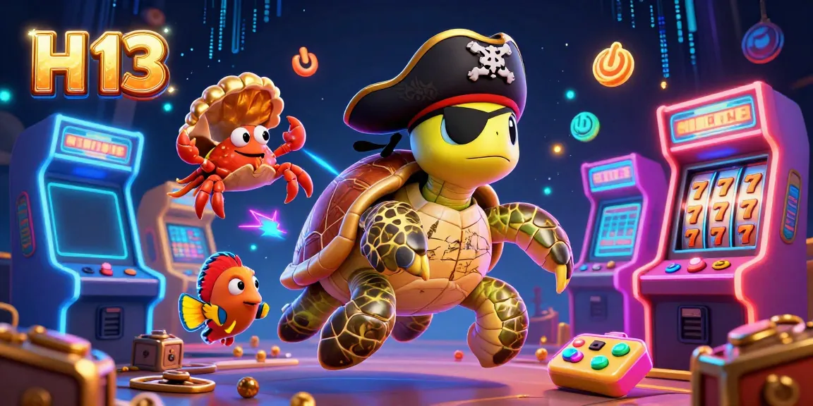Experience thrilling gaming at H 13 with a pirate turtle, crab, and parrotfish amid treasures and vibrant slot elements.