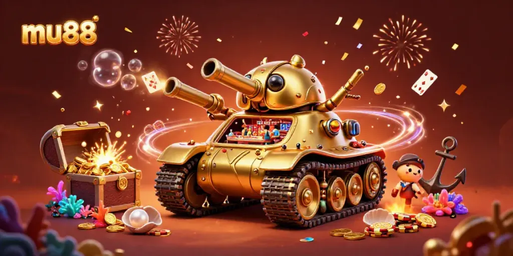 Experience the excitement of mu88 with a vibrant 3D casino-inspired golden beetle tank celebrating jackpots.