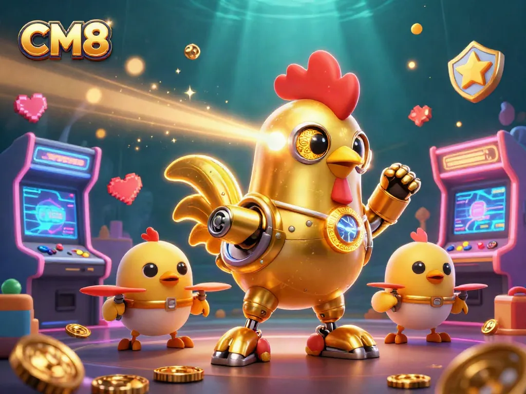 Engage with CM8's vibrant 3D casino illustration showcasing dynamic gaming elements.