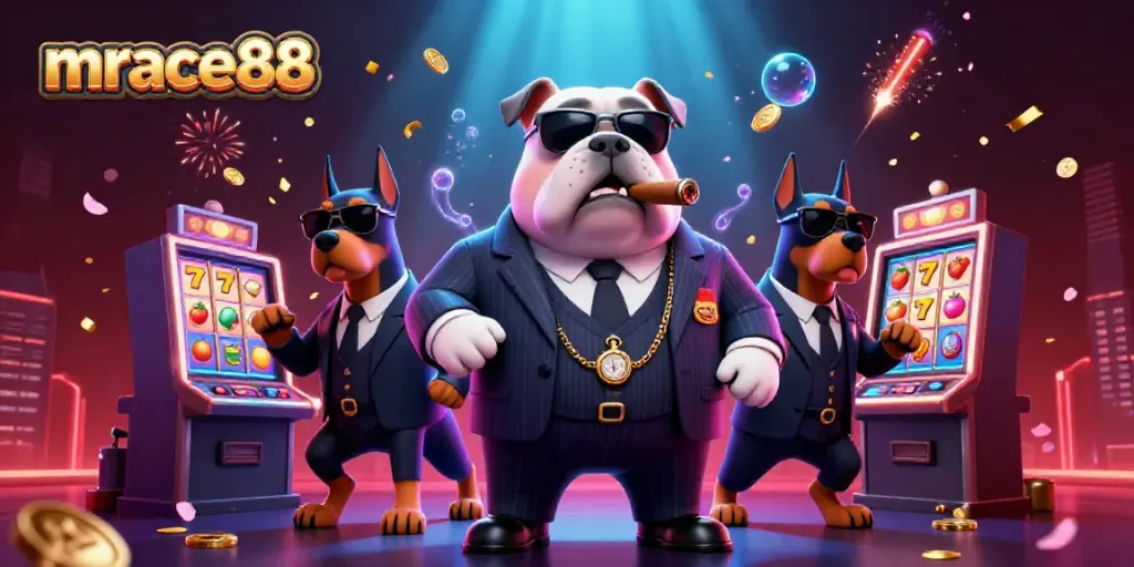 Experience winning with mrace88's vibrant casino scene featuring a mafia bulldog and slot games.