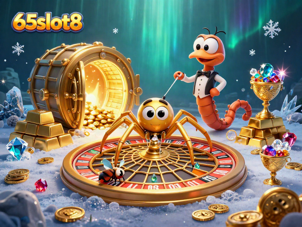Experience thrilling bets with 65slot8's golden spider spinning a roulette wheel web.