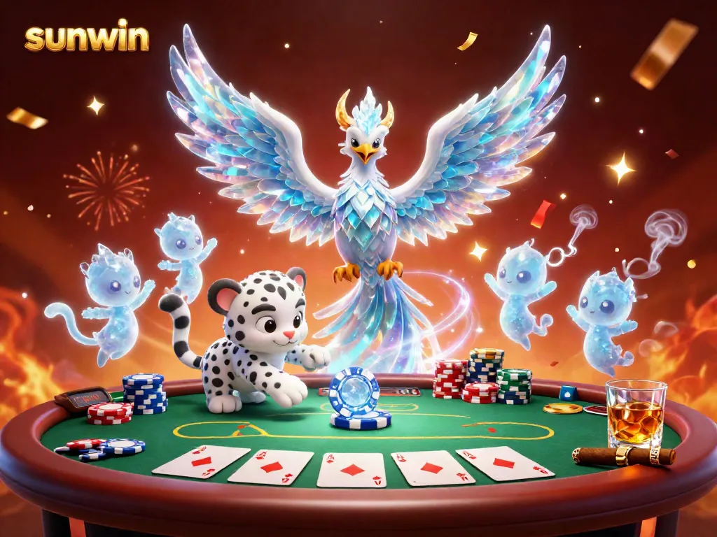 Experience thrilling poker action in a vibrant scene featuring Sunwin's mascot, the ice phoenix, among colorful chips and cards.