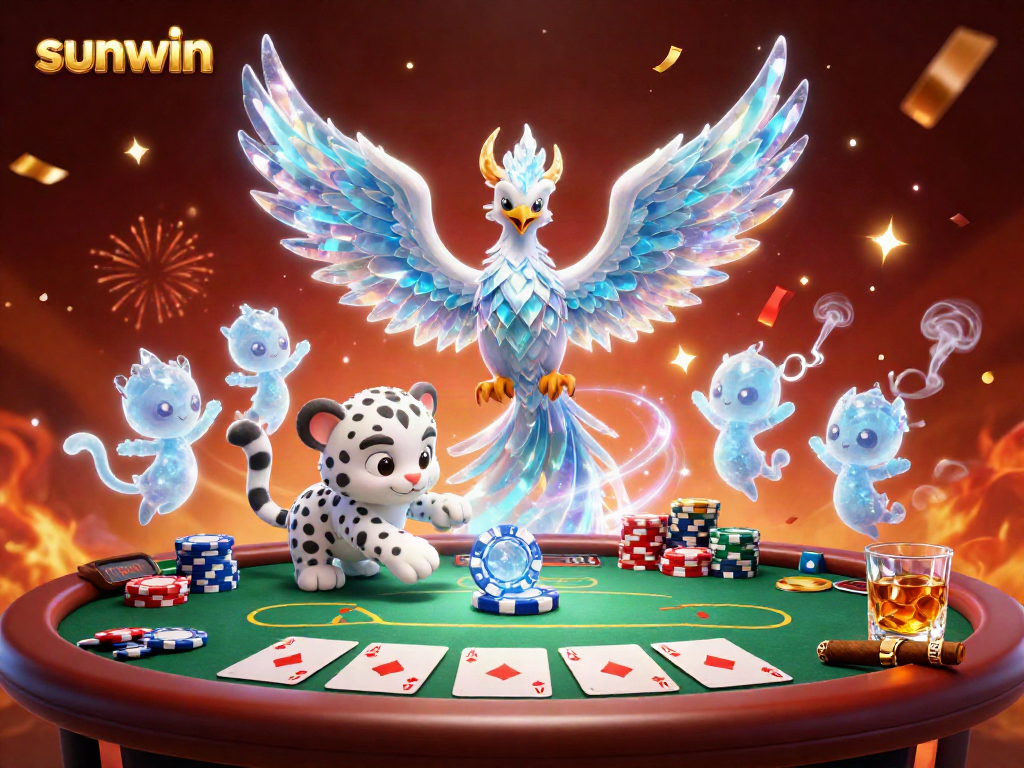 Experience thrilling poker action in a vibrant scene featuring Sunwin's mascot, the ice phoenix, among colorful chips and cards.
