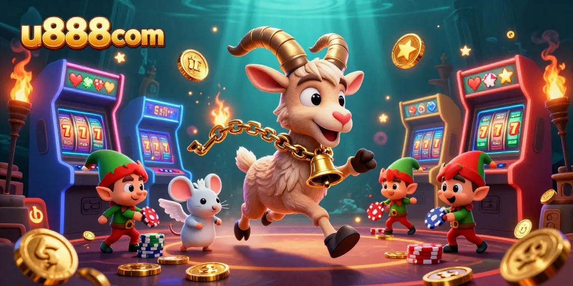 Experience the lively u888com casino scene with characters amidst vibrant gaming elements and slot machines.