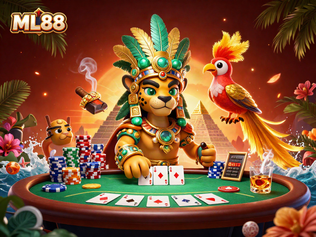 Engage in exciting poker action at ML88 with vibrant casino-themed characters.