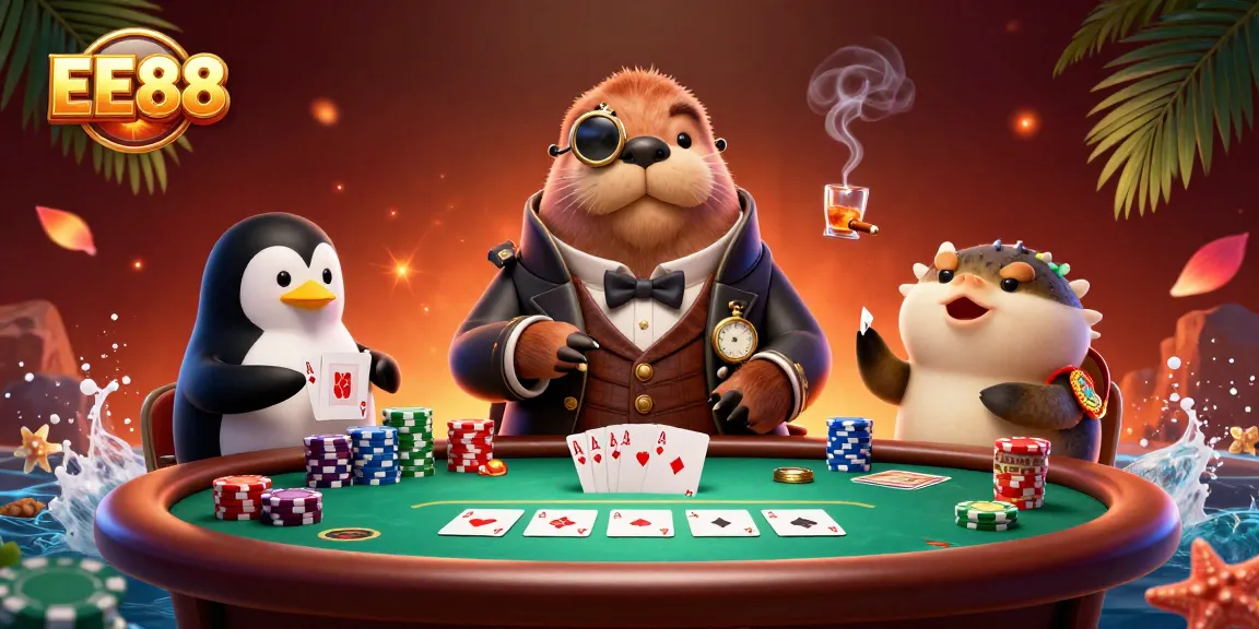 EE88 poker scene with a jolly walrus, sophisticated penguin dealer, and a bluffing pufferfish in a vibrant underwater casino setting.