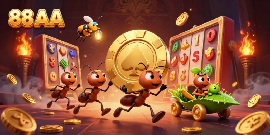 Team of ants in a heist with a golden poker chip in a vibrant casino setting featuring 88 AA.