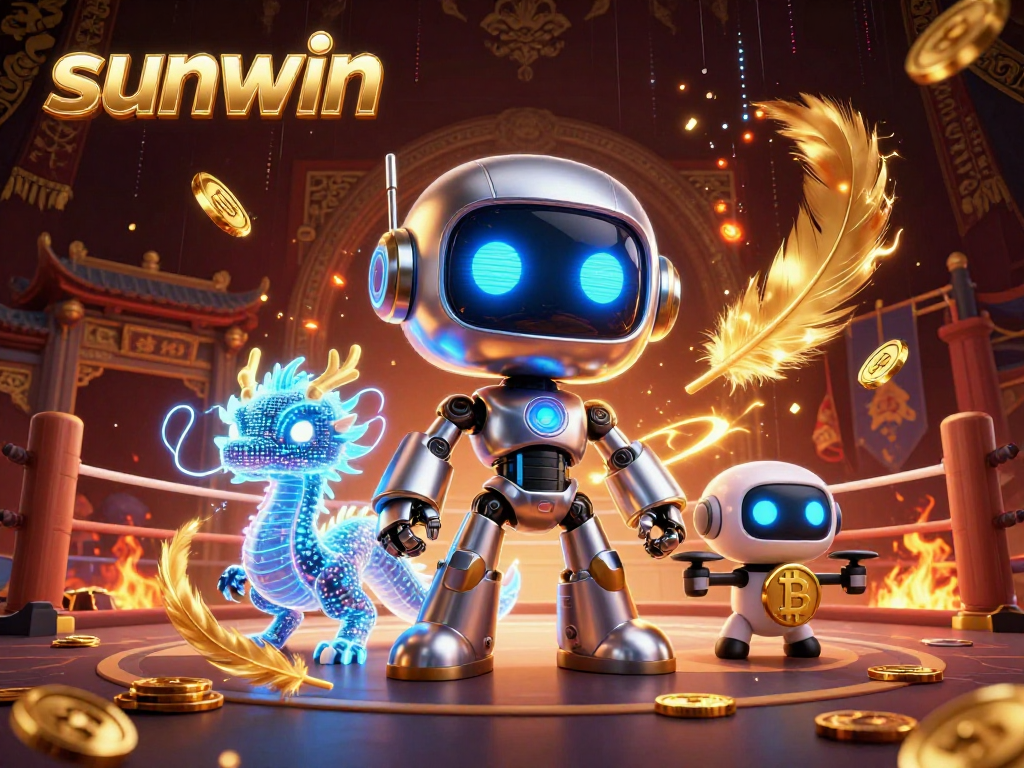 Win big with sunwin: a vibrant casino scene featuring a cyberpunk robot and holographic dragon.
